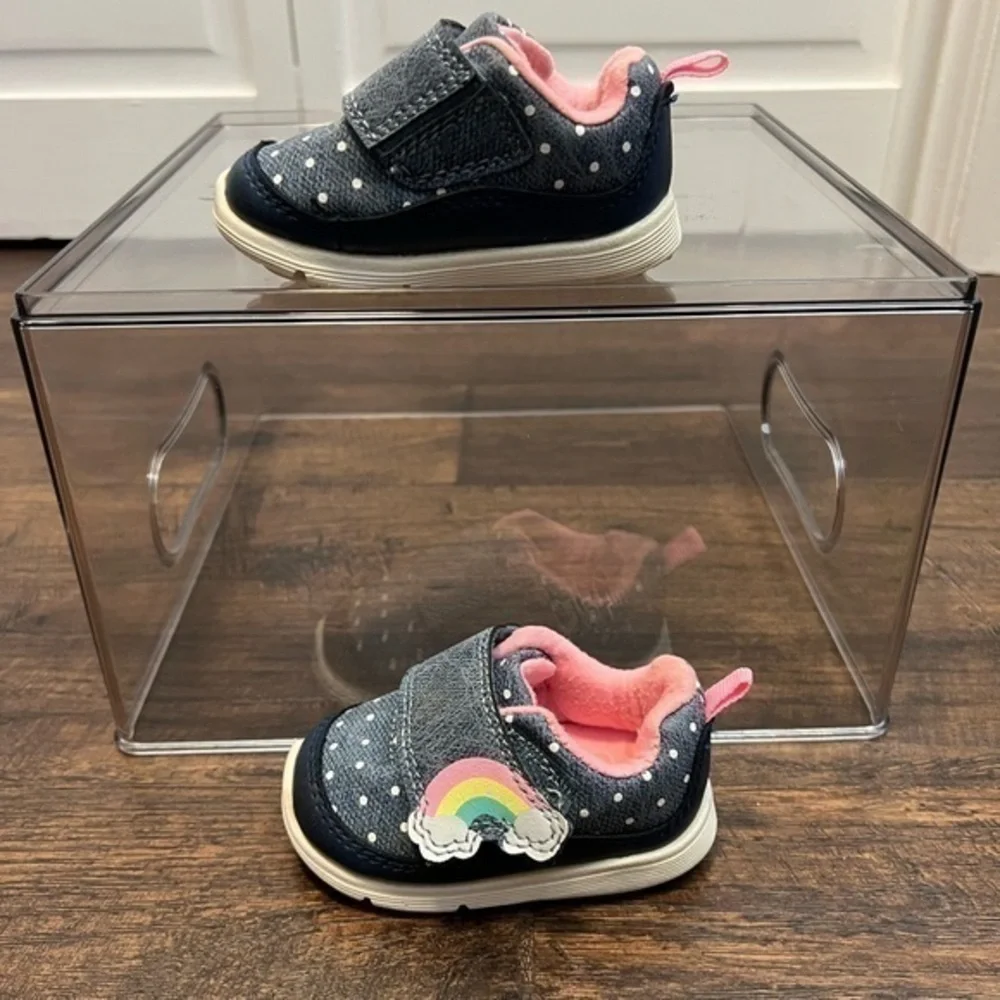 Carter Size 2 Baby Girls Blue Polka Dot Rainbow Sneakers